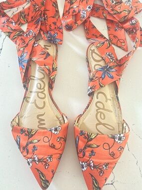 Sam Edelman Orange Floral Pointed Tie-Front Flats